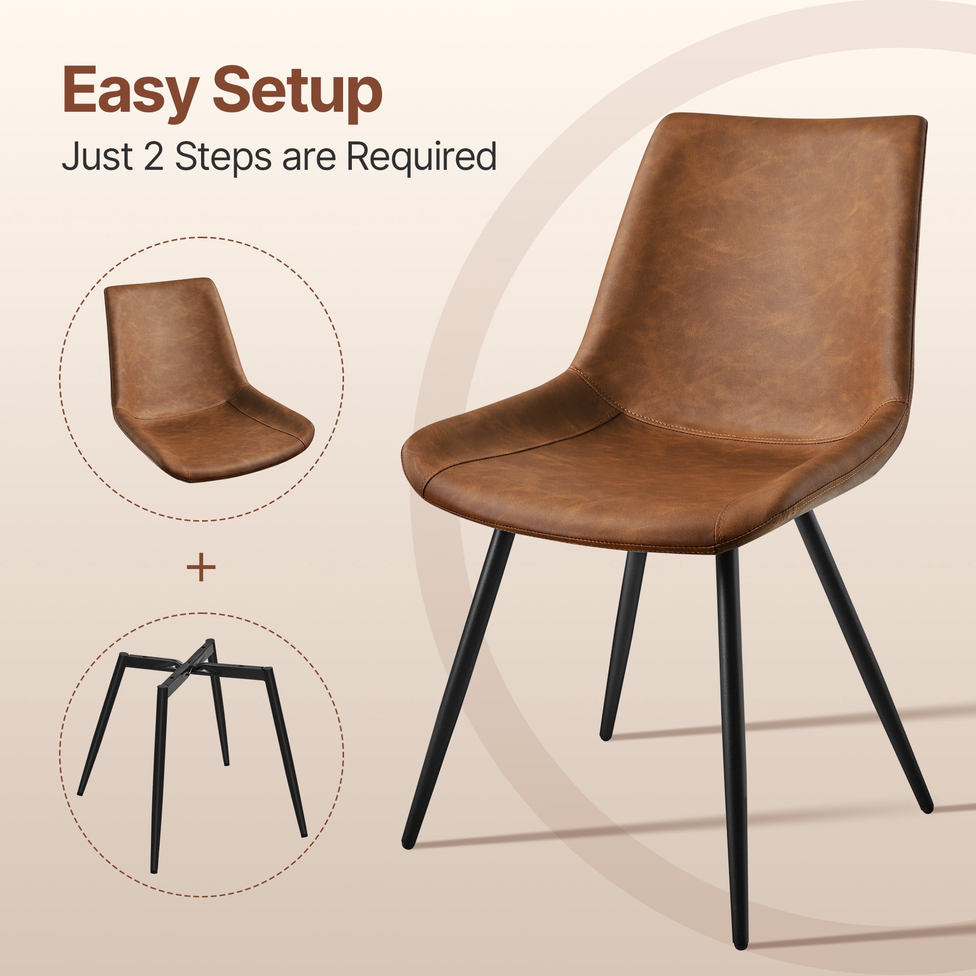Alden Design 2PCS Faux Leather Dining Chairs with Metal Legs for Dining Room, Brown