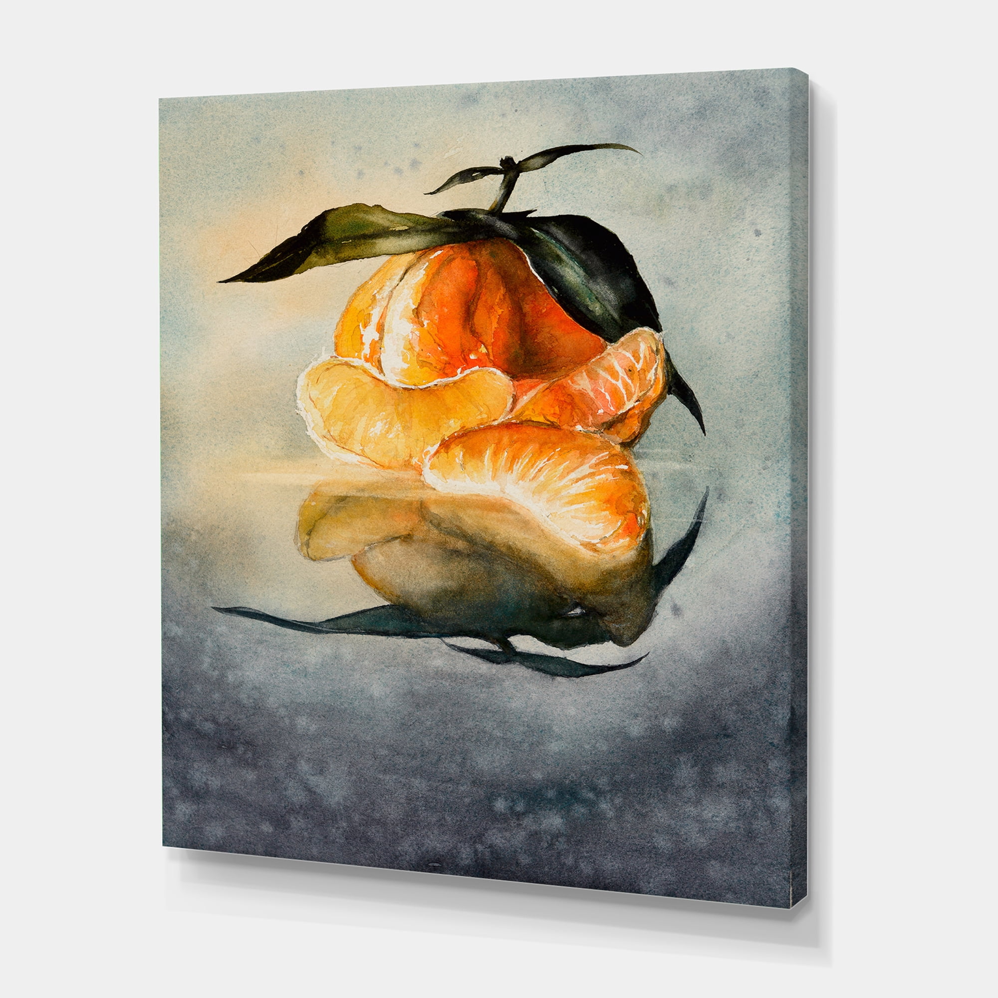 One Peeled Fresh Orange Mandarin Under Green Leaves 30 in x 40 in Painting Canvas Art Print, by Designart