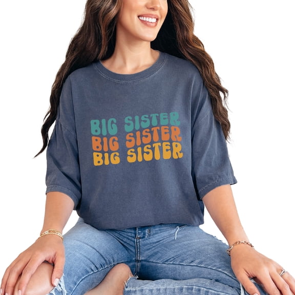 Big Sister, Having a Younger Sibling Themed, Groovy Retro Wavy Text, Denim Comfort Colors T-Shirt, Small