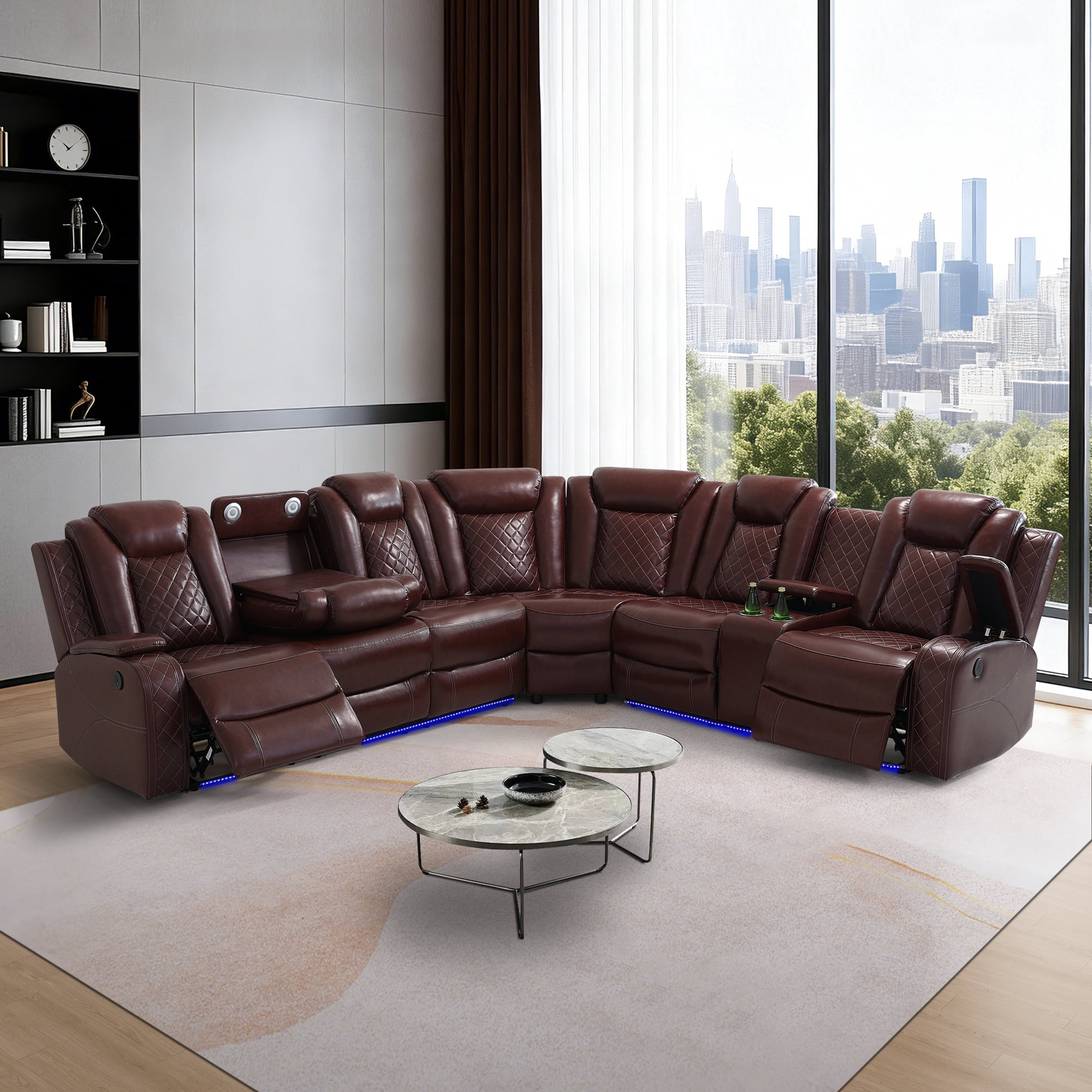 Gewnee Air Leather Power Recliner Sectional Sofa，L‑Shaped Recliner Couch with Cup Holders，Wireless Charging, LED Ambient Light, Console Storage，Home Theater Sofa for Living Room,Brown
