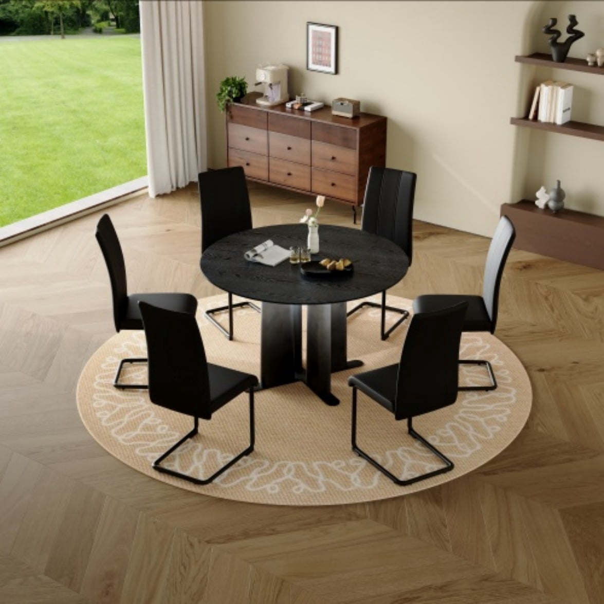 Round Black Wood Grain Dining Table, Modern MDF Kitchen Table for 2-4 People, Gradient Cross Base, Compact Table for Small Spaces, Black & White