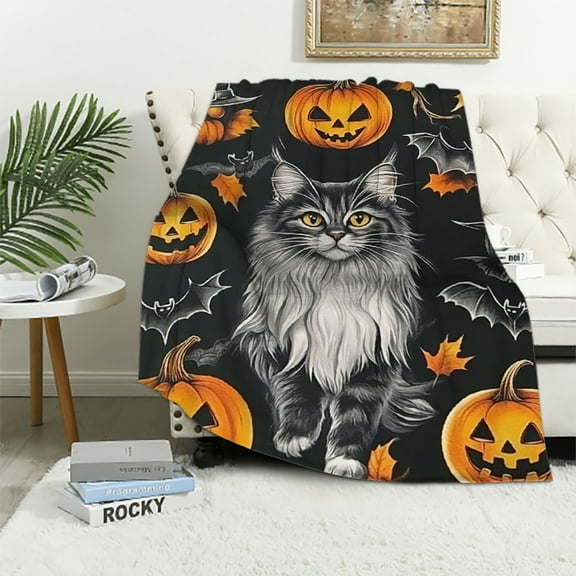 Witchy Cats Halloween Flannel Blanket: Pumpkins & Bats