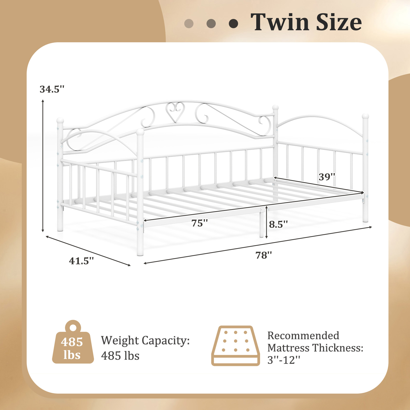 Gymax Twin Size Metal Daybed Frame w/ Headboard for Bedroom Guest