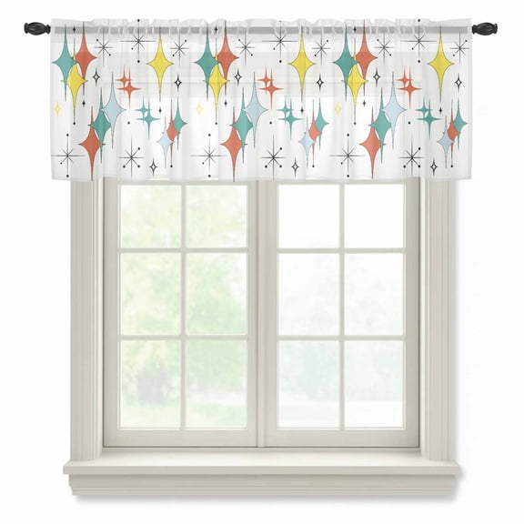 Middle Century Sheer Curtains Valances for Windows Boho Abstract Art Teal Orange Rhomboid Chiffon Kitchen Valances for Cafe, Voile Window Treatments Curtains for Living Room Bedroom, 54"x18"