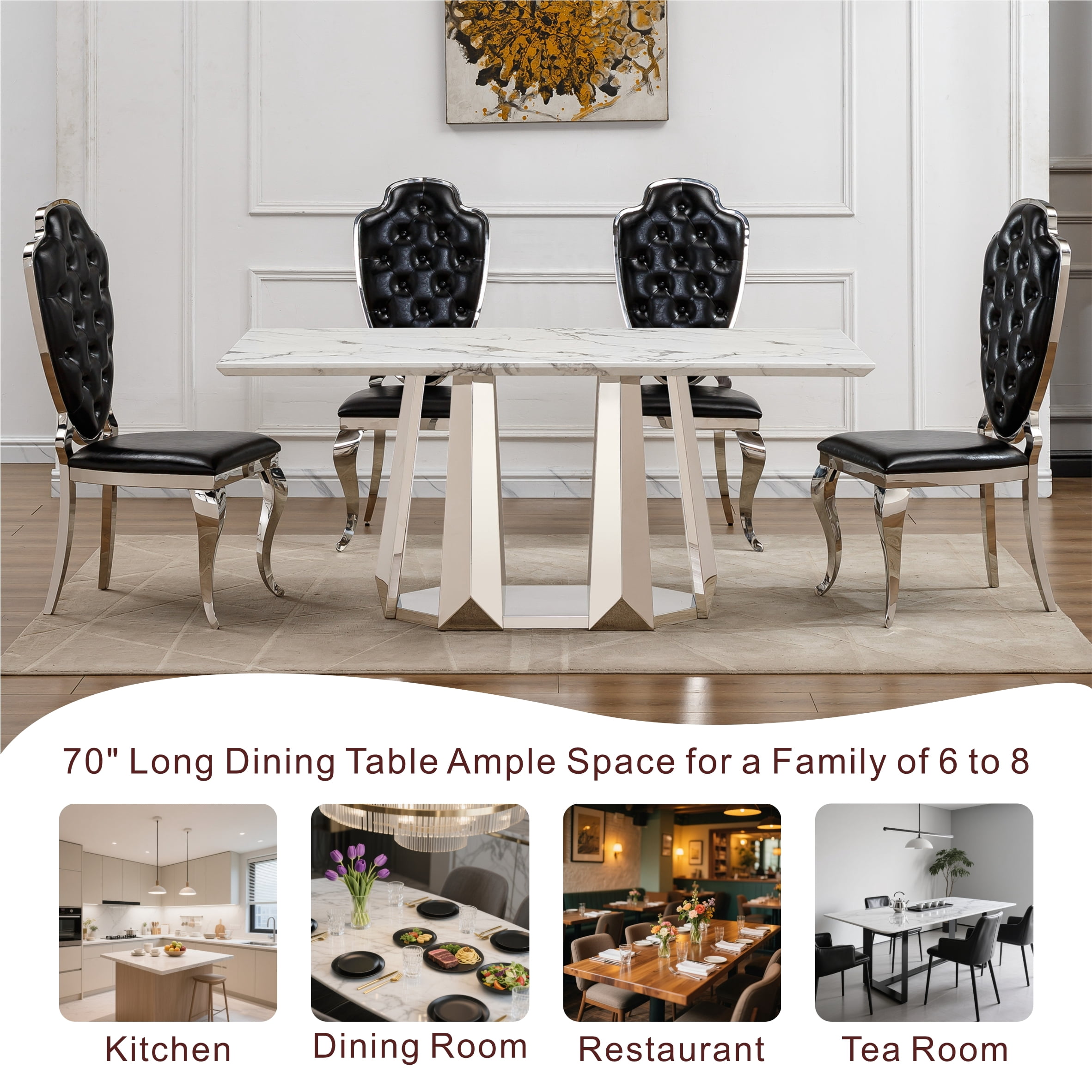 Shikeyi 70" Marble Dining Table for 6-8, Modern Luxury Silver Rectangular Large Kitchen Table, Marble Grain MDF Tabletop & Stainless Steel Base for Kitchen Dining Room, White (Table Only)