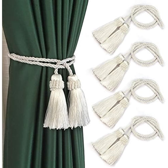 Curtain Tiebacks Handmade Decorative Curtain Holdbacks Rope with Tassel (White, 4P)
