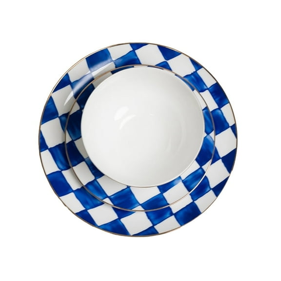 Ozarke Royal Blue Check Plate Set, Fine Bone China (Set of 12)