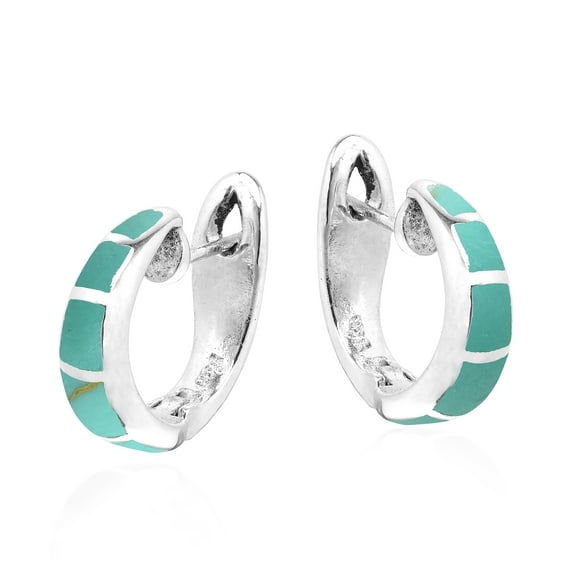 Simple Elegance Green Turquoise Inlay Sterling Silver Hoop Huggie Earrings