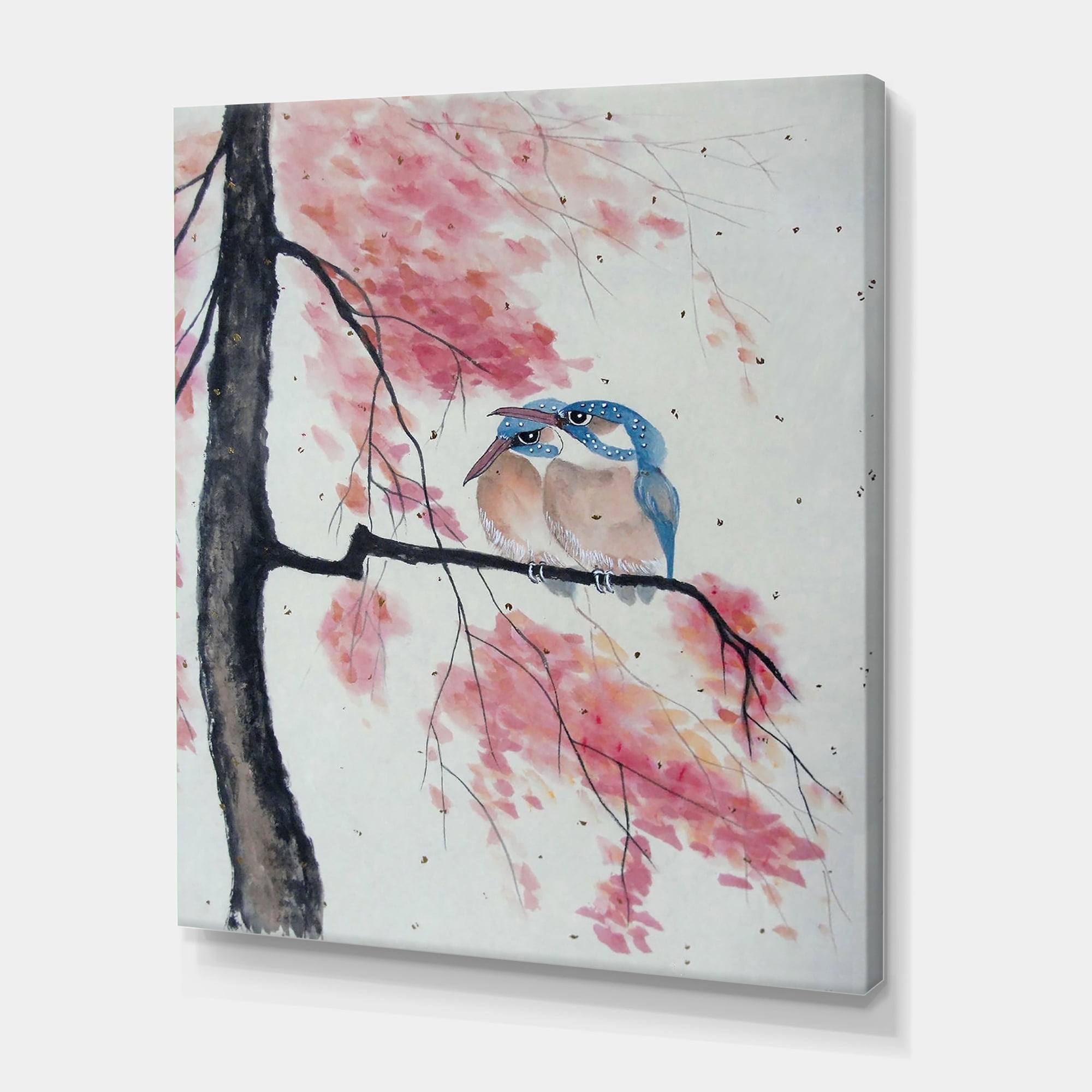 Two Blue Kingfisher Birds Sitting On A Flowering Branch 16 in x 32 in Painting Canvas Art Print, by Designart