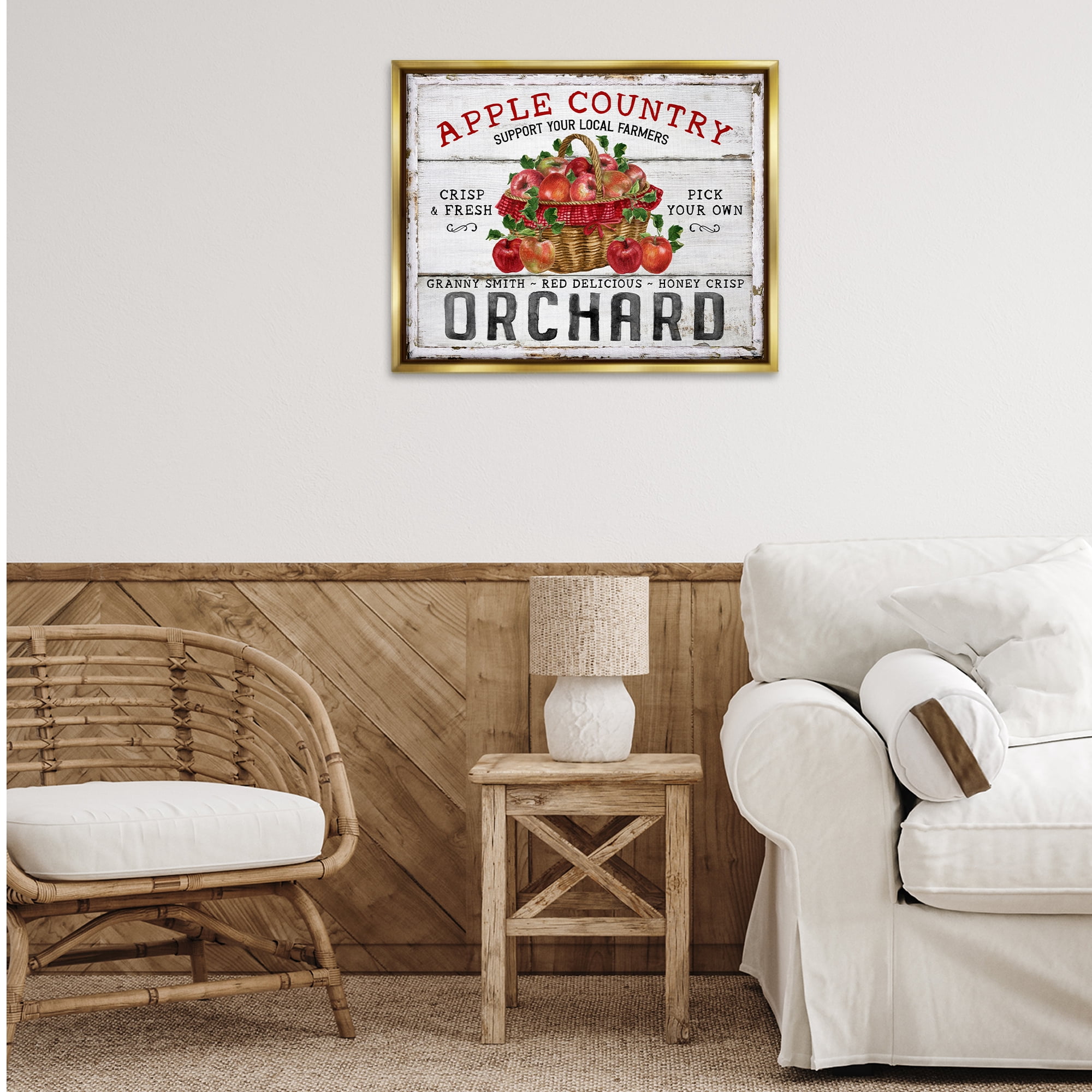 Stupell Industries Rustic Apple Orchard Holiday Painting Gold Floater Framed Canvas Art Prints Wall Art, 31 x 25