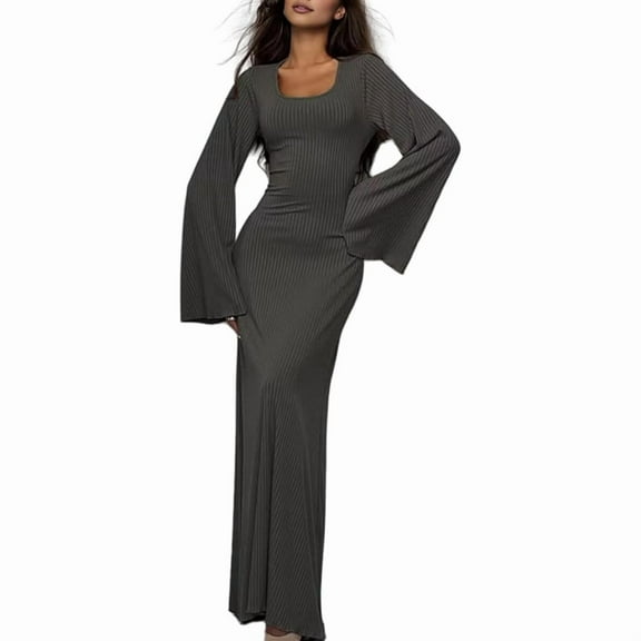 Katigan Women'S Ribbed Maxi Dress Knit Flare Sleeve Bodycon Dress Loose Casual Long Dresses Dark Gray XXL