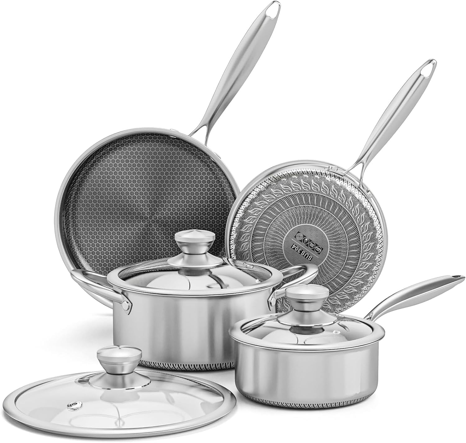 Hybrid Nonstick Stainless Steel Pots and Pans Set, Induction Cookware Set with Tempered Glass Lids, Non-stick Pot and Pan Set Suitable for All Cooktops, Non-Toxic, Dishwasher & Oven Safe