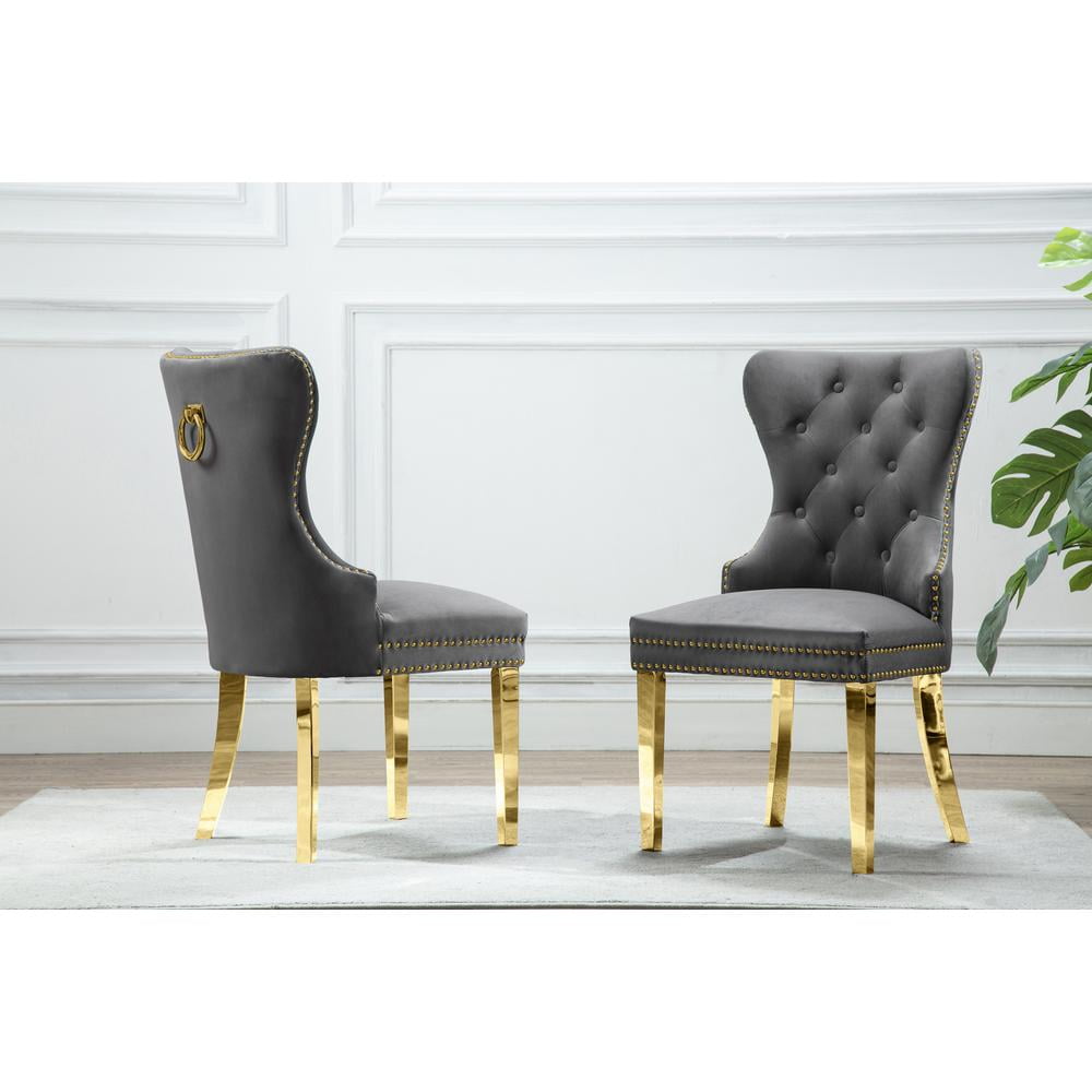 Velvet Tufted Side Chair Set of 2, Stainless Steel Gold Legs, Dark grey