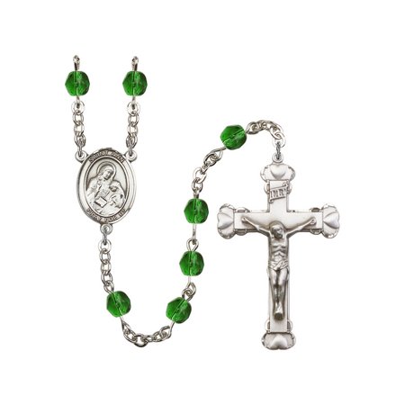 - St. Ann Silver-Plated Rosary 6mm May Green Fire Polished Beads Crucifix Size 1 5/8 x 1 medal charm