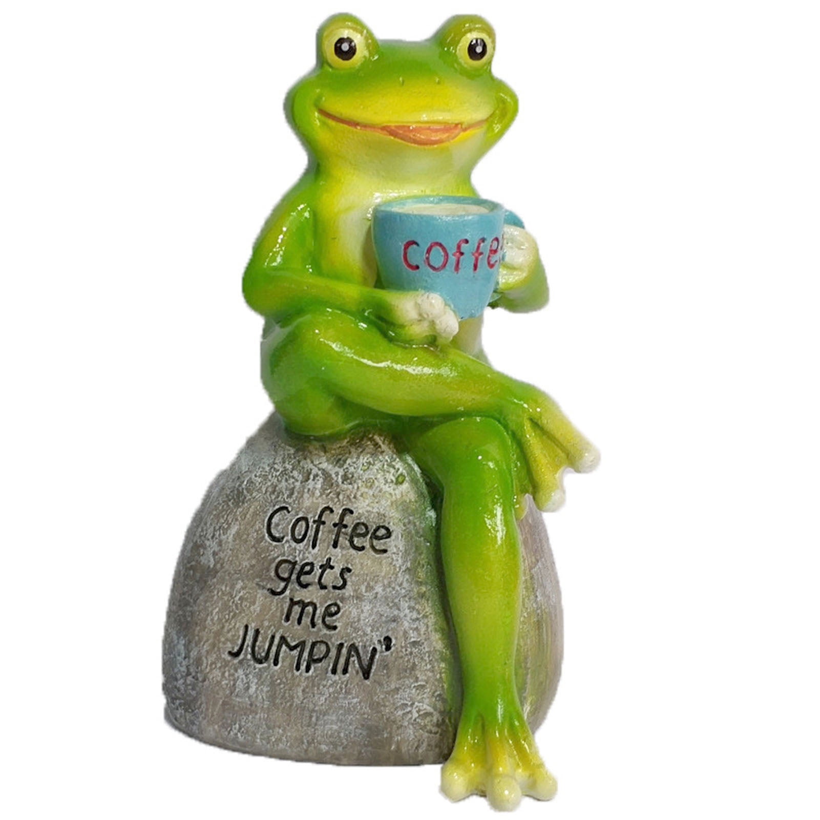 Flmtop Animal Design Statuary Green Sitting Frog Drinking Coffee Stone Garden Statue for Home Decor