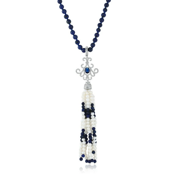 Gem Stone King Cultured Freshwater Pearl and Simulated Lapis Necklace With Blue and White Cubic Zirconia