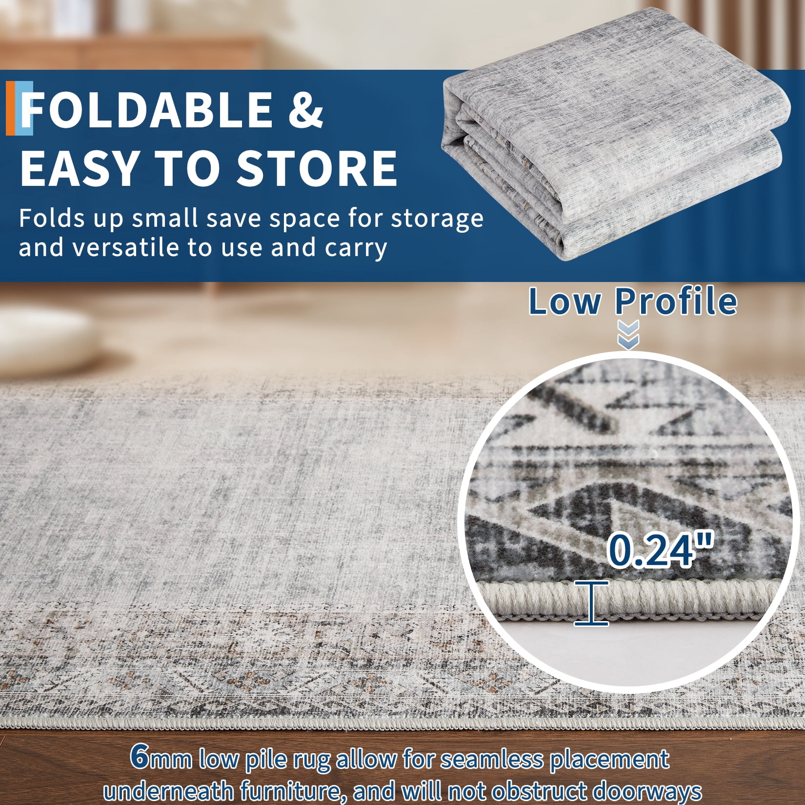 Hasoo Washable Office 9' x 12' Indoor Carpet Polyester Gray Green Stain-Resistant Border Area Rug for Room Decor