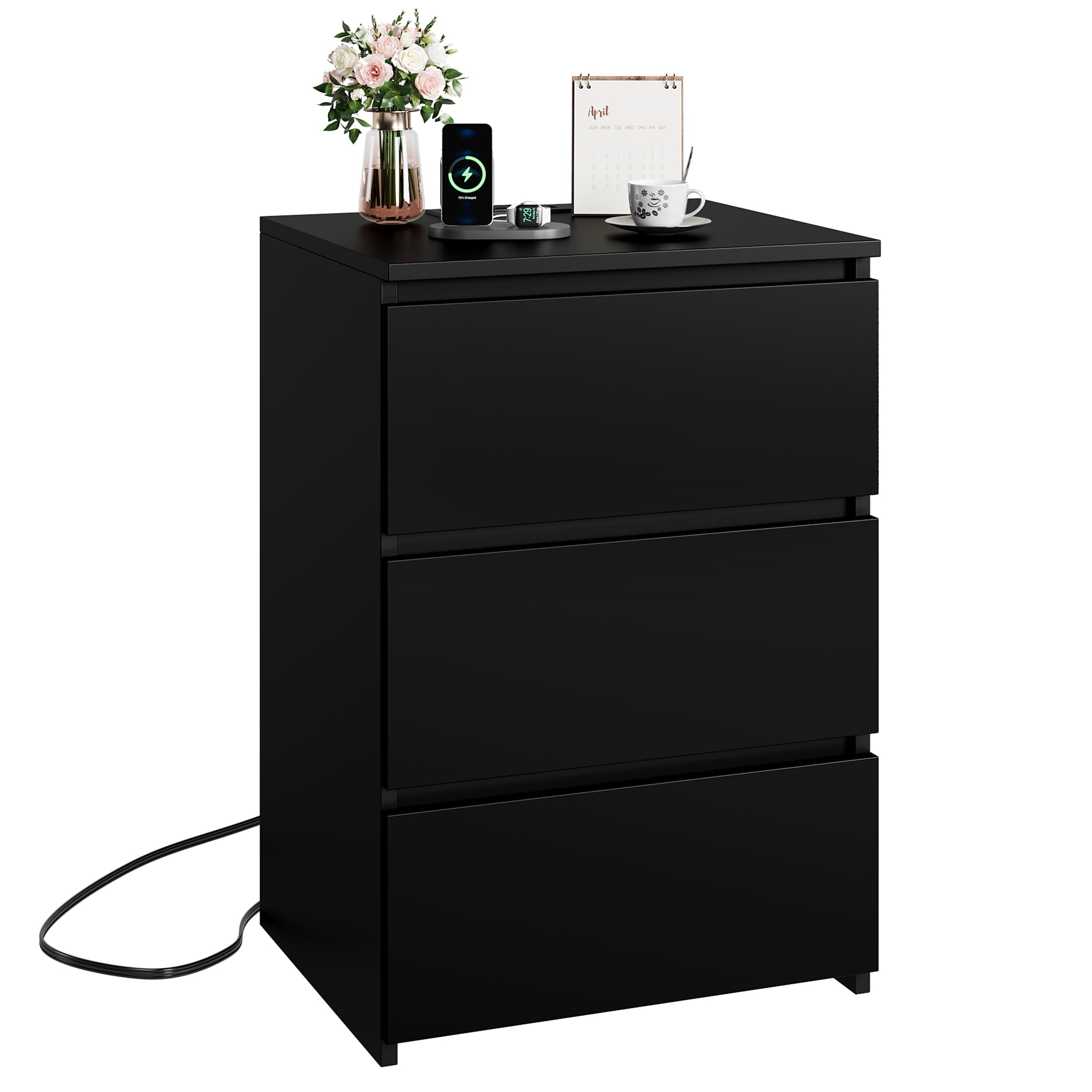 Homfa 3 Drawers Nightstand with Charging Station, Side Table with Storage for Living Room, Black Bedside Nightstand for Bedroom