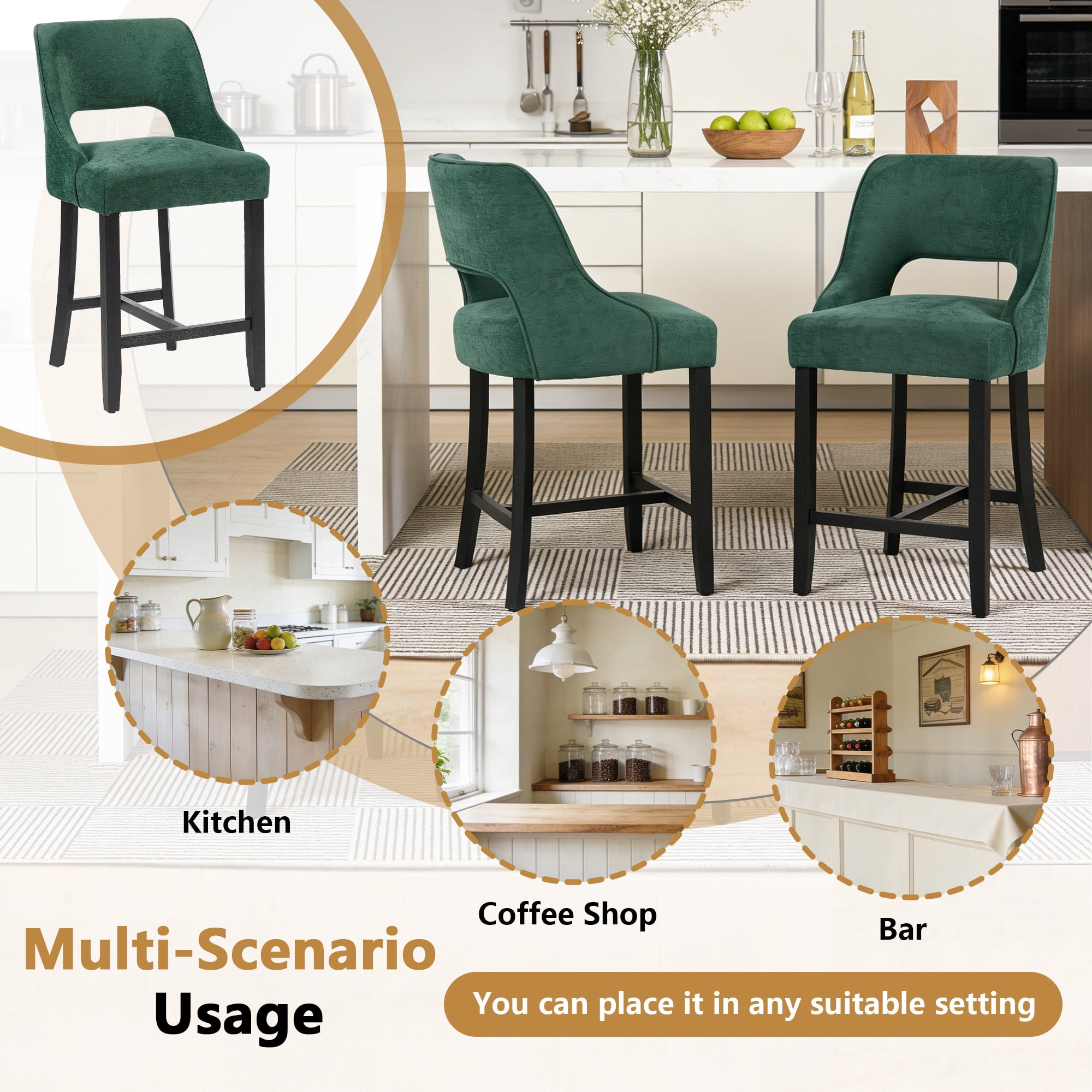 ClinQ 26" Counter Height Bar Stool Set of 1, Upholstered Bar Chair with Back, Walnut Curved Footrest for Kitchen Island, Darkgreen