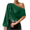 thumbnail image 2 of Cavosen Womens Blouses Long Sleeve Dressy Pullover Shirts Tunic One Shoulder Neck Solid Flowy Blouse Elegant Vacation Tops Trendy Loose T-Shirts Going out Beach Tees Green M, 2 of 7