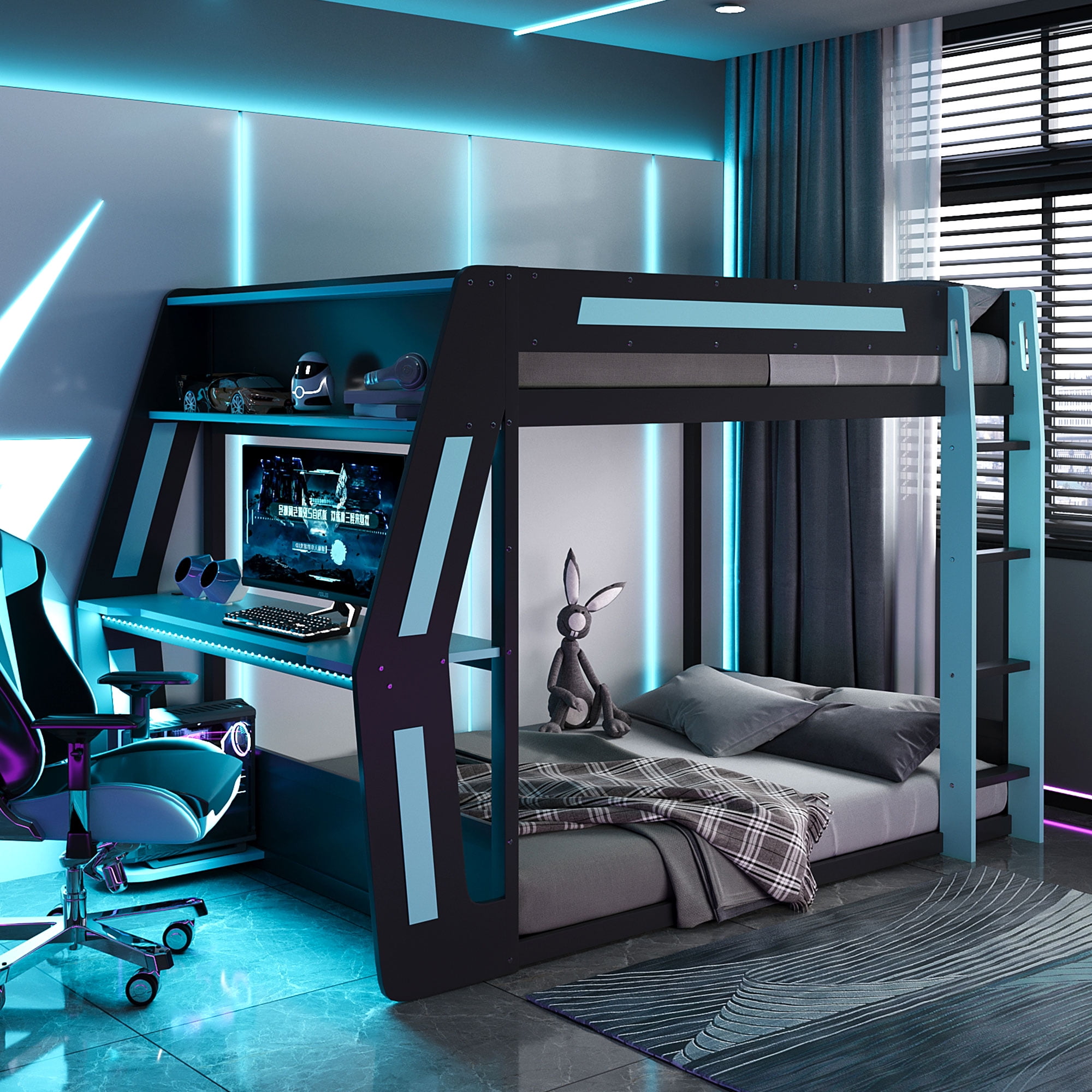 Aukfa Full Over Full Gaming Bunk Bed with Desk, USB Charging Station & LED Lights, Heavy-Duty Wood Esports Loft Bed Frame, Blue