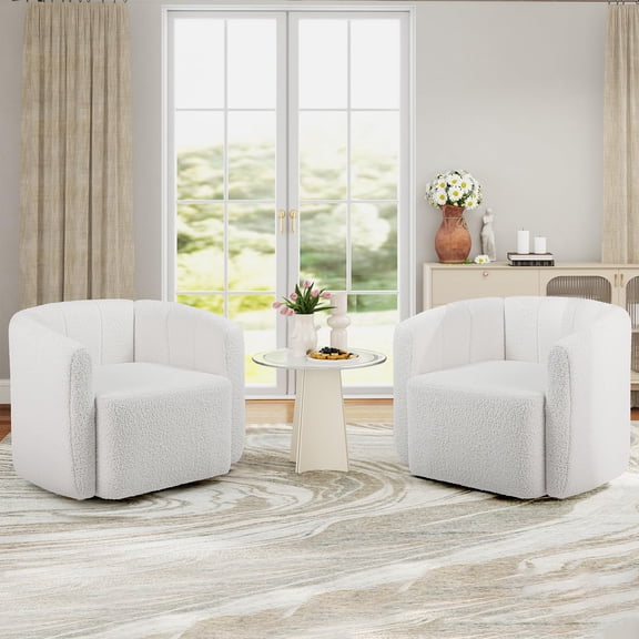 Boucle Barrel Swivel Accent Chair - Sherpa Upholstered Round Armchair in 2