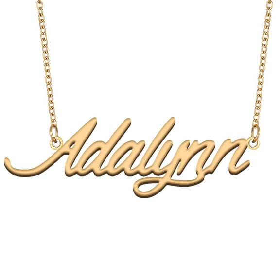 HUAN XUN 18k Gold Plated Adalynn Name Necklace Stainless Steel Nameplate Necklaces for Womens Mens Mother Day Christmas Jewelry Gift