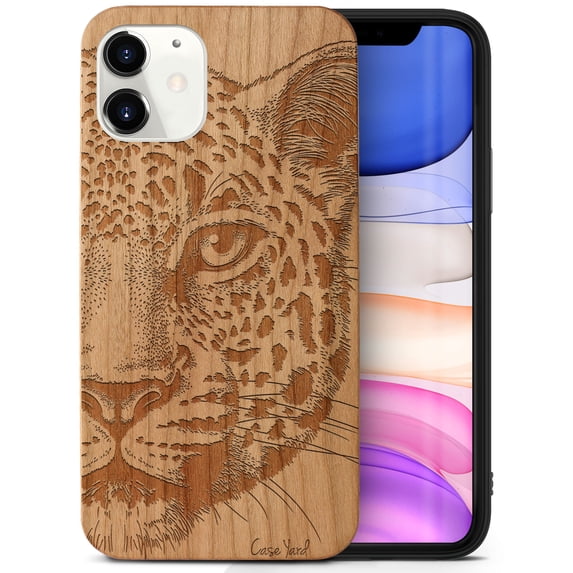Case Yard Wooden Case Outside Soft TPU Silicone, Slim Fit Shockproof Wood Protective Phone Cover for Girls Boys Men and Women, Supports Wireless Charging Leopard Sketch Design case for iPhone-11