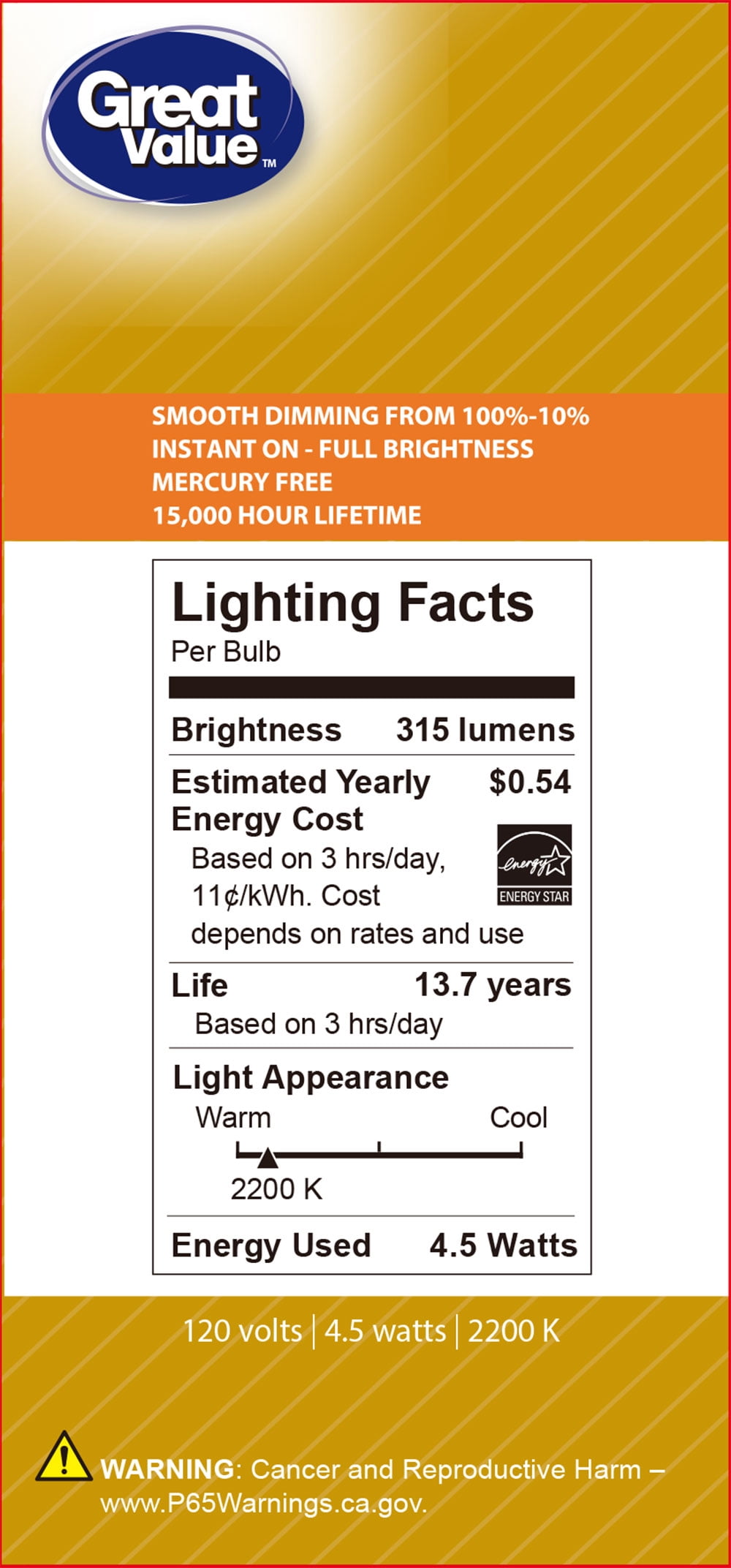 Great Value LED 4.5 Watt Deco Amber Light Medium Base Light Bulbs, ST19, 4-Count