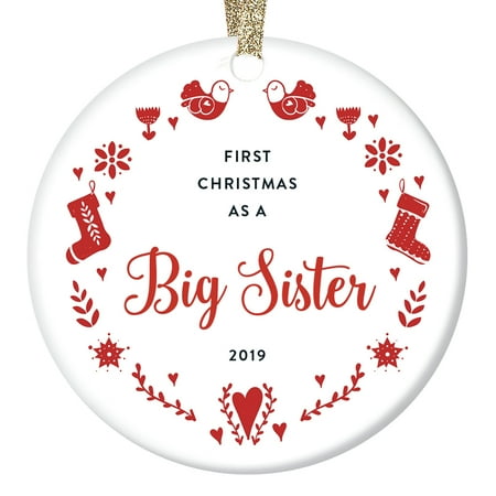 Christmas Gift Ideas For Older Sister Big Sister Ornament 2019 Baby's First Christmas Older Sibling Family Keepsake Newborn Shower Birth Gift Ideas Oldest Girl Child Toddler Presents Cute Red Folk Art Holiday Wreath 3