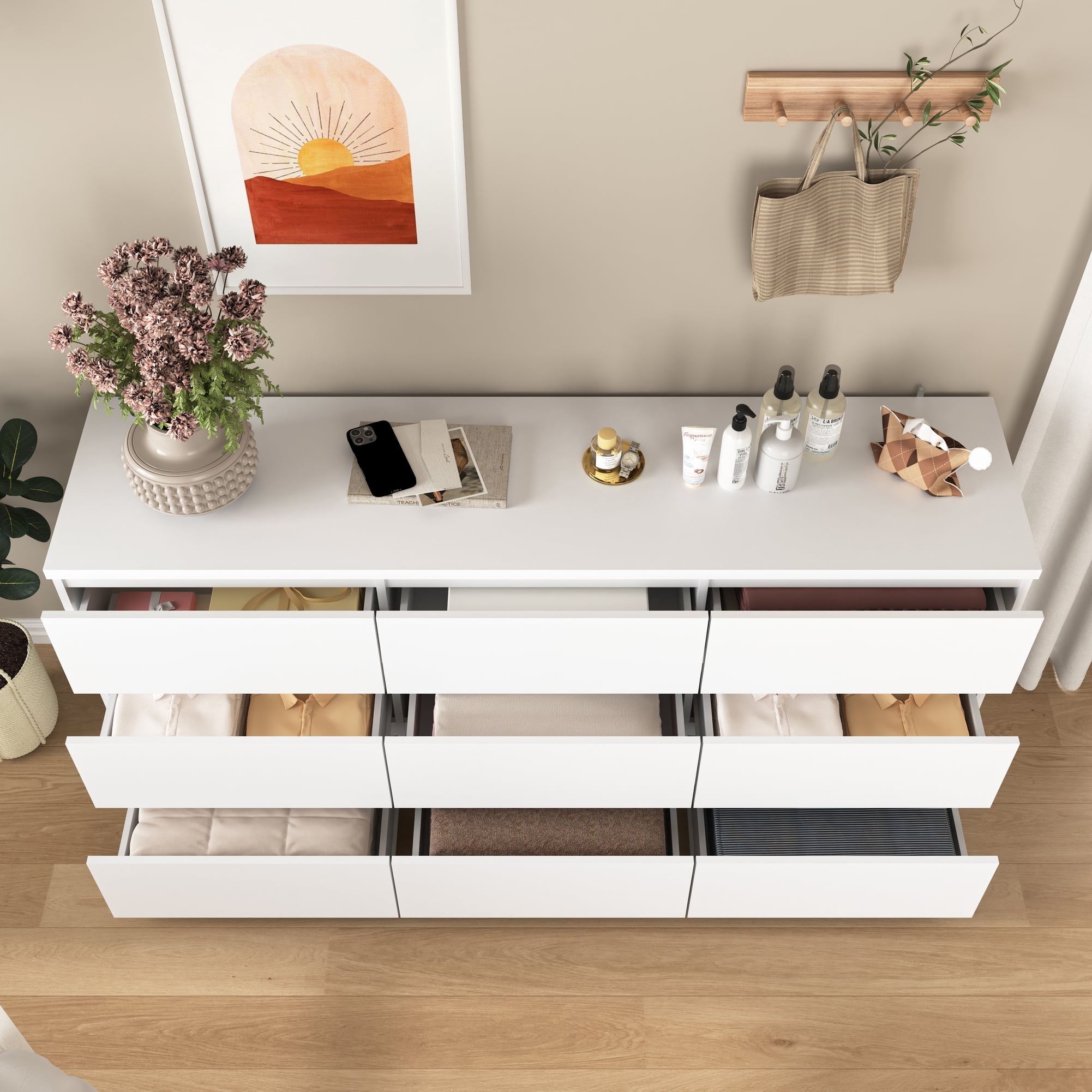 Noble House 9-Drawer Dresser, Modern Storage Chest with Handleless Design, White