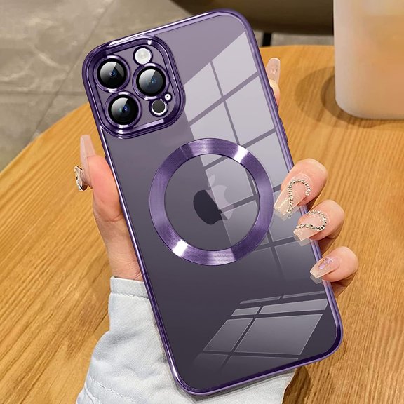 Magnetic Clear for iPhone 12 Pro Case with Camera Lens Protector [Compatible with MagSafe] Luxury Plating Bumper Soft TPU Shockproof Protective Slim Phone Cover for Women Girls-Purple