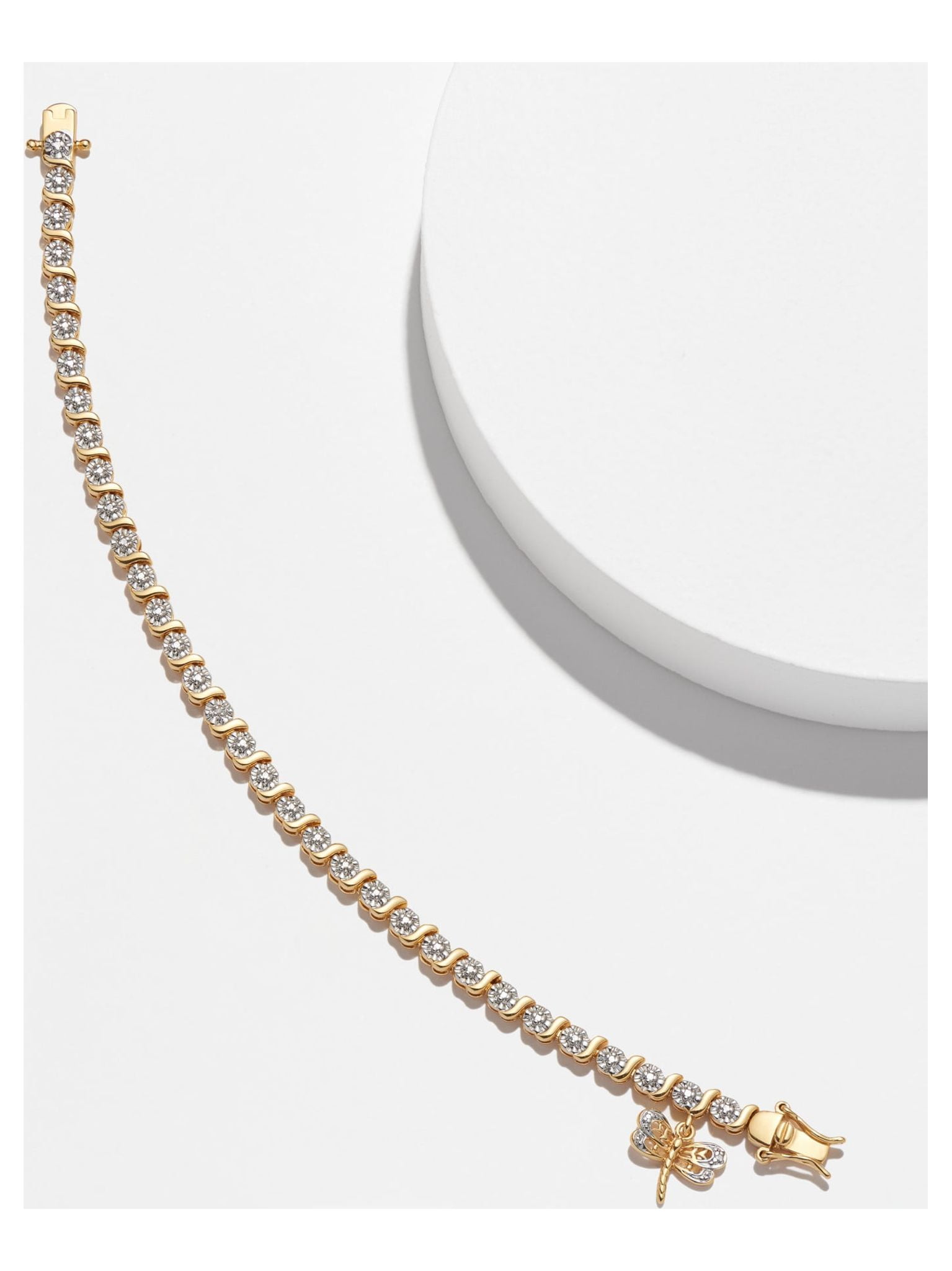18K Yellow Gold Plated Diamond Accent Dragonfly Charm Tennis Bracelet, 7.25"