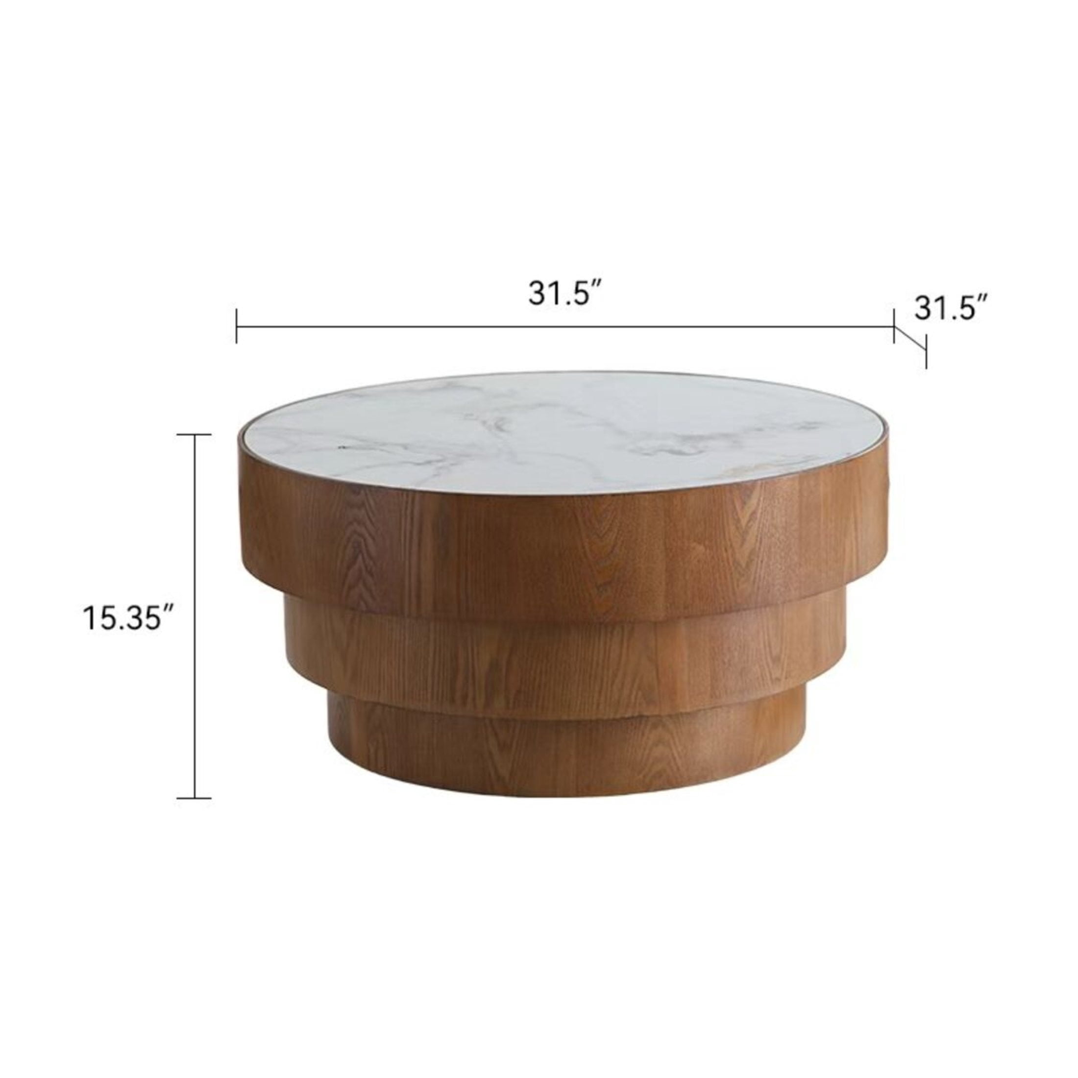 Noble House Carlen 31.5" Round Sintered Stone Coffee Table with Tiered Wood Veneer Base for Living Room, White & Walnut