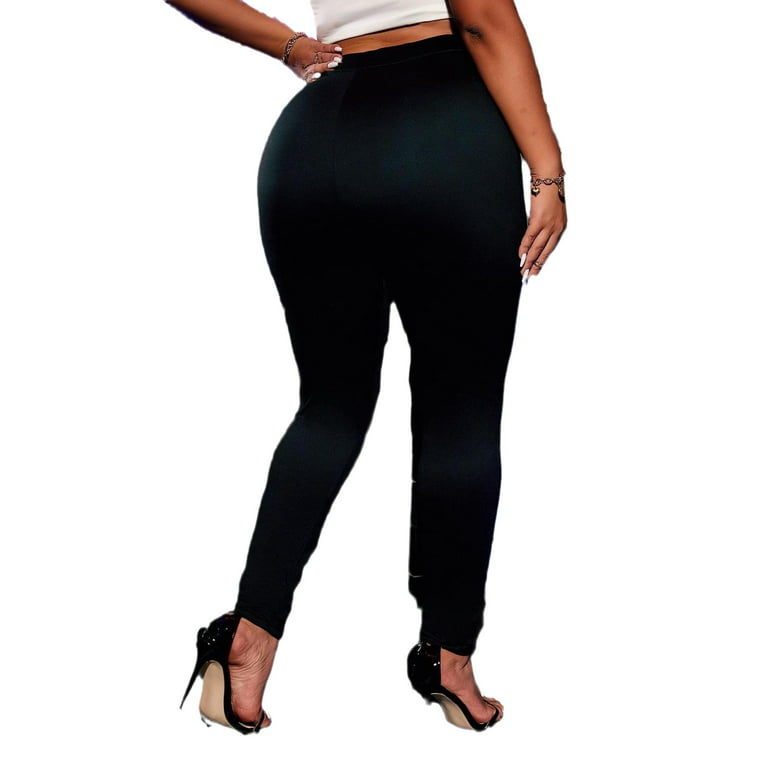 L-5XL Plus Size Leggings Solid Black Color See Thru Lace Panel Scalloped  High Waisted Skinny Long Pants - AliExpress