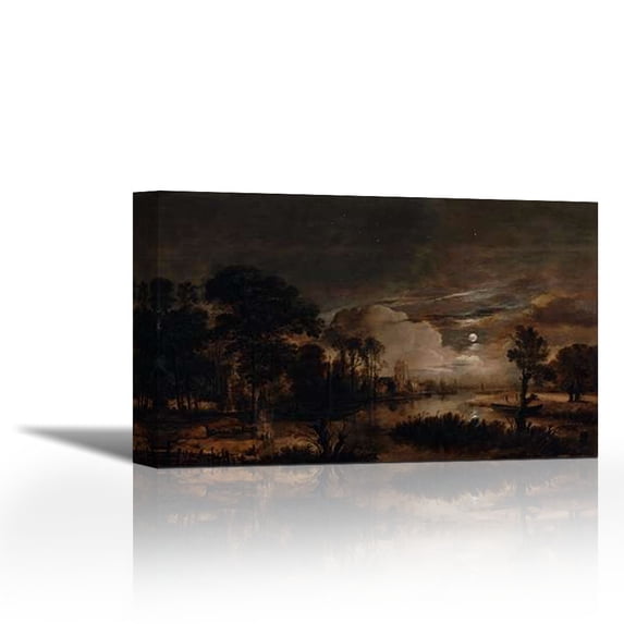 Moonlit Landscape with a View of the New Amstel River and Castle Kostverloren - Contemporary Fine Art Giclee on Canvas Gallery Wrap - wall décor - Art painting - 23 x 14 Inch - Ready to Hang