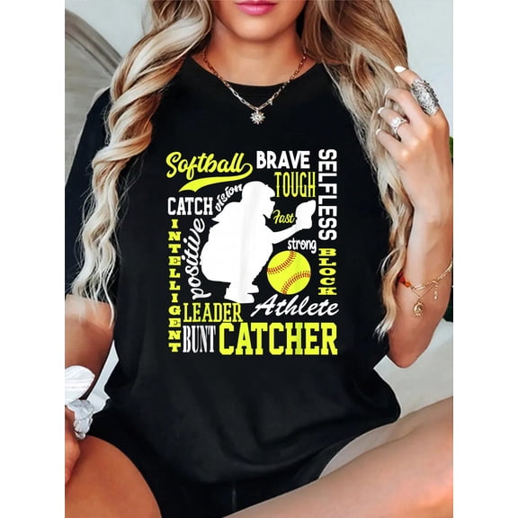 100% Cotton Girls Softball Catcher Great for Teens Traits of A Catcher T-Shirt Women's Graphic Tee Casual Tops