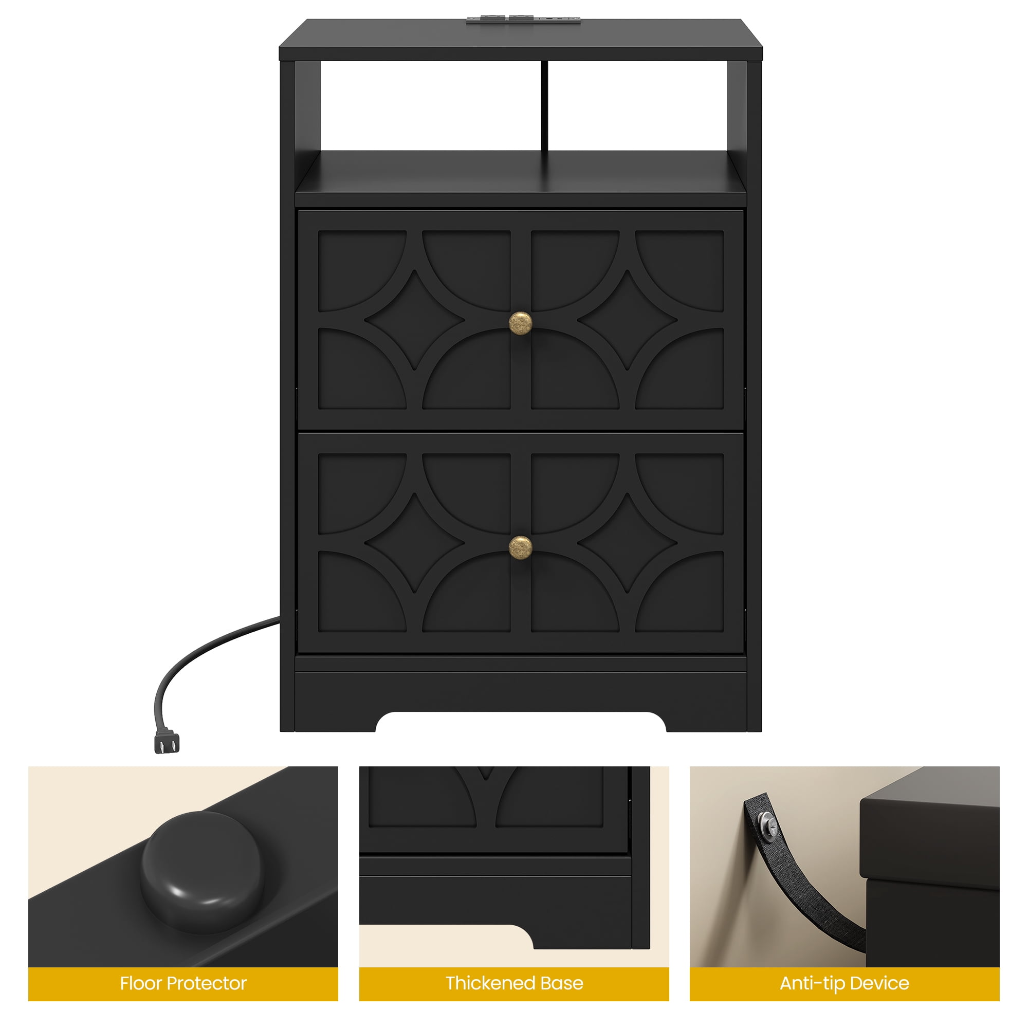 Cozy Home 2-Drawer Nightstand with Charging Station, Modern Side Table with Diamond Carvings and Gold Knobs, Ideal for Living Room, Bedroom, Entryway, Black, Set of 2