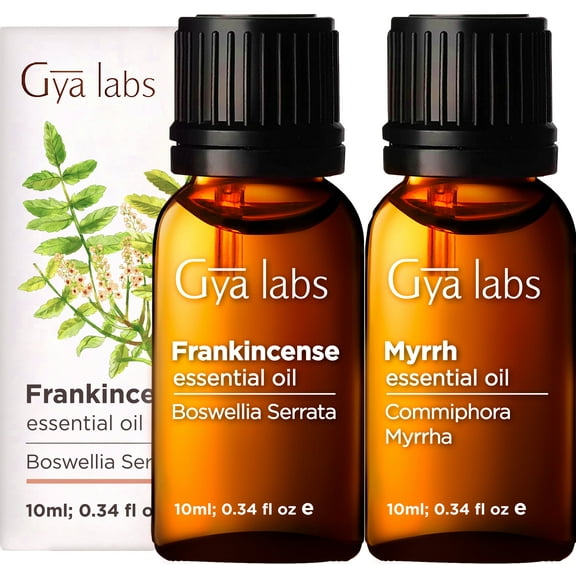 Gya Labs Frankincense and Myrrh Essential Oil for Diffuser & Aches - Therapeutic Grade Frankincense and Myrrh Essential Oils for Skin & Candle Making (10ml x 2)
