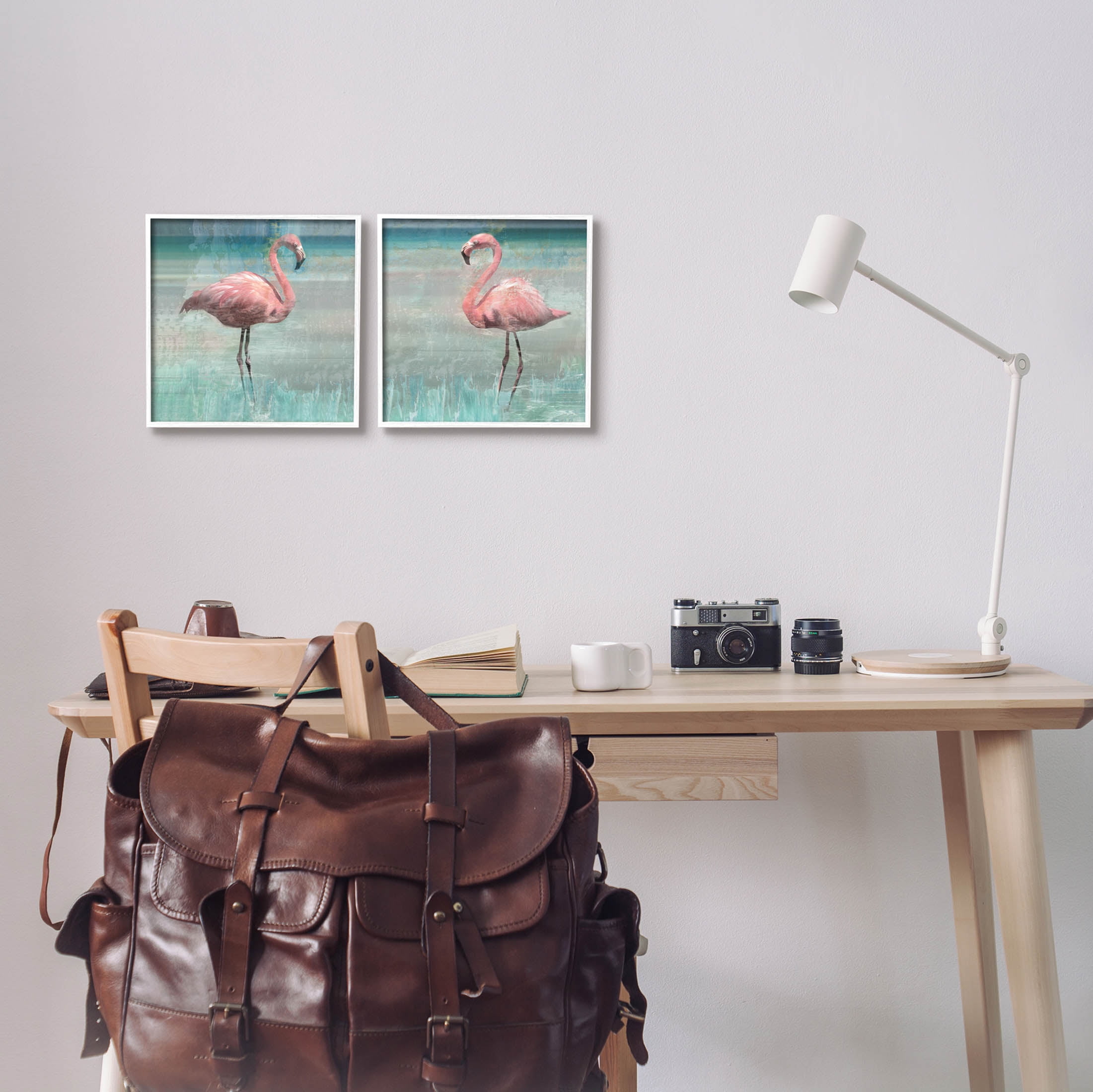 Stupell Industries Tropical Flamingoes Grazing Graphic Art White Framed Art Print Wall Art, Set of 2, Design by Nan