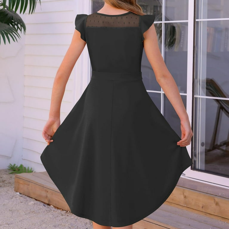 Xyxonk Girls Black Dress Summer Casual Formal Dress Ruffle Sleeve Mesh A Line  Dresses with Pockets Belted Solid Color dress 5-14 Years Black - Walmart.com
