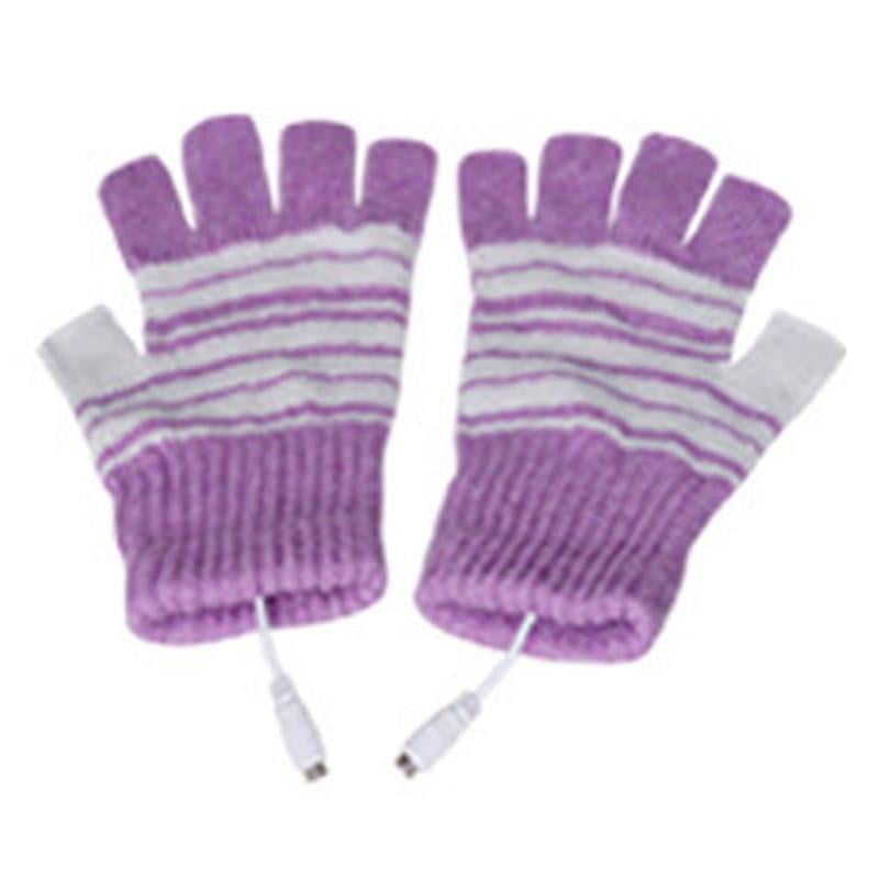 USB Heated Warm Gloves Half Finger Winter Heating Knitting Mittens Purple New 