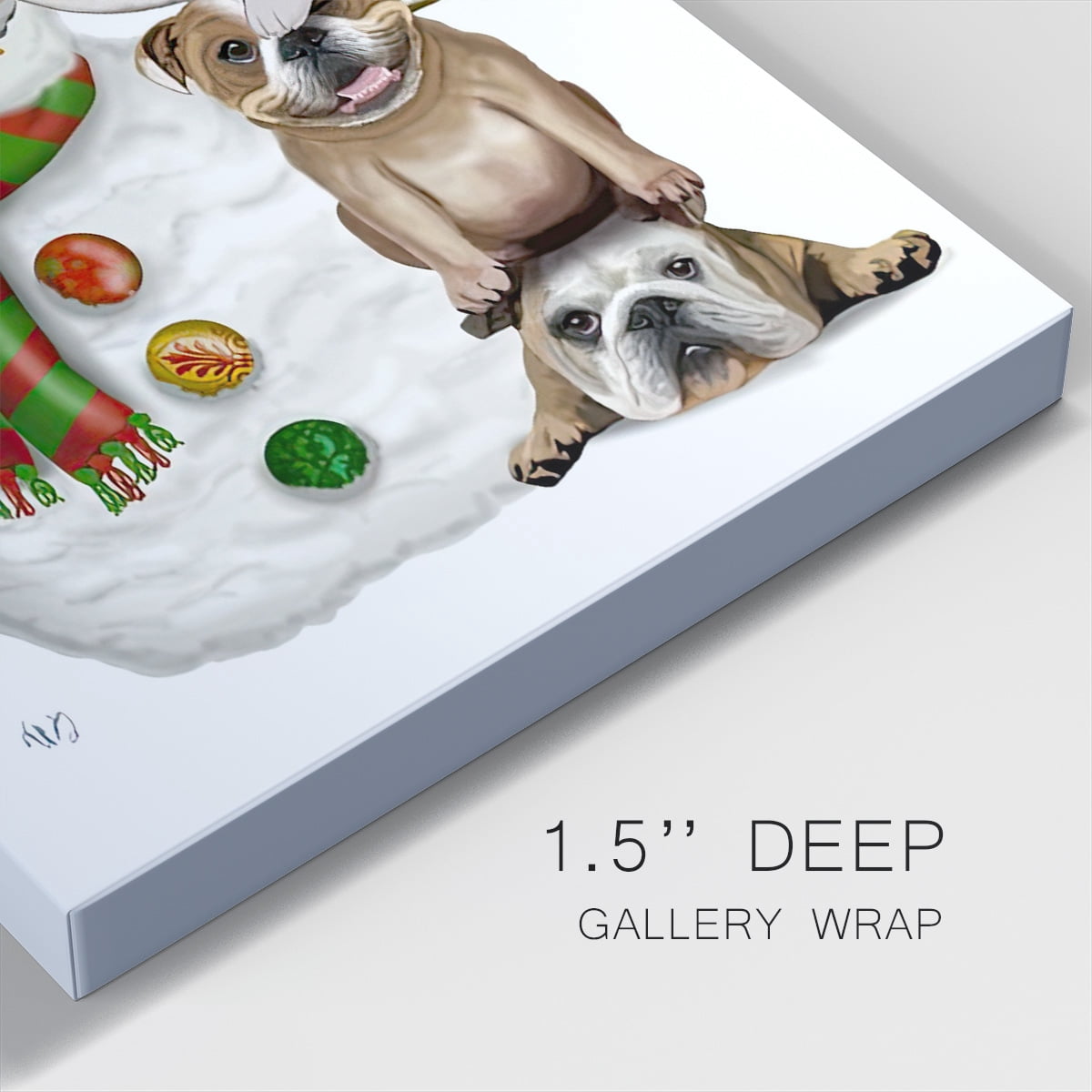 Christmas English Bulldogs Building Snowman- Gallery Wrapped Canvas