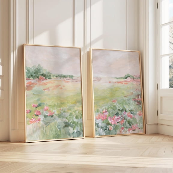 Light Green Cream Abstract Landscape Meadow & Clouds Sky Impressionist Set 2 Unframed Paper Print 8x12