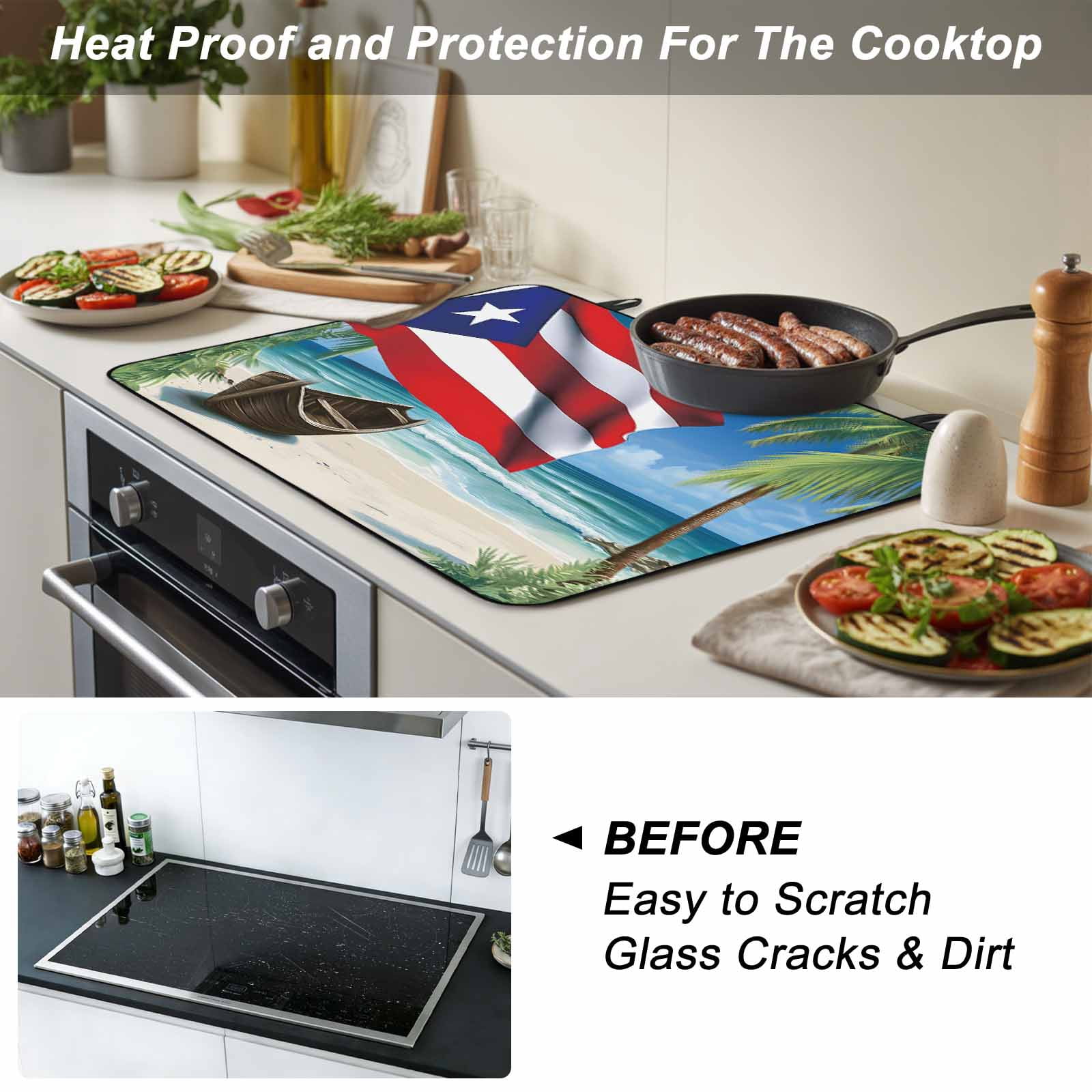 Puerto Rico Flag Sea Stove Top Cover for Electric Stove, Heat-proof & Non Slip Glass Top Stove Cover Protector, Beach Palm Trees Boat Nautical Kitchen Flat Cooktop Rubber Mat 24x21 Inches