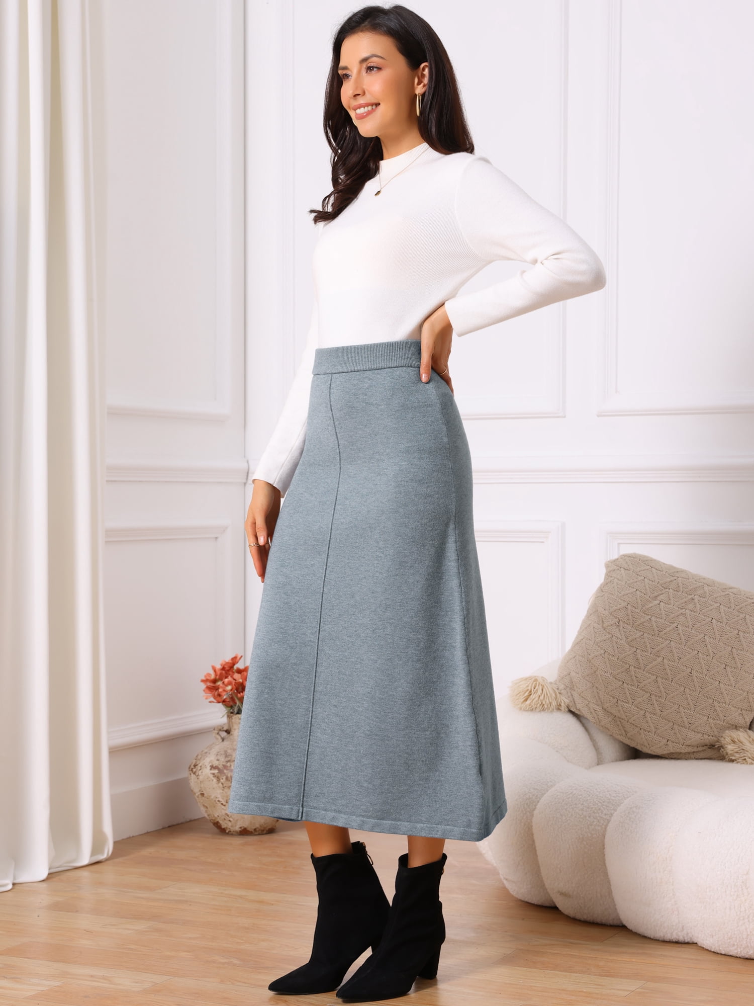 DARING DIVA Women's Sweater A Line Elastic High Waist Stretchy Midi Skirt L Grey