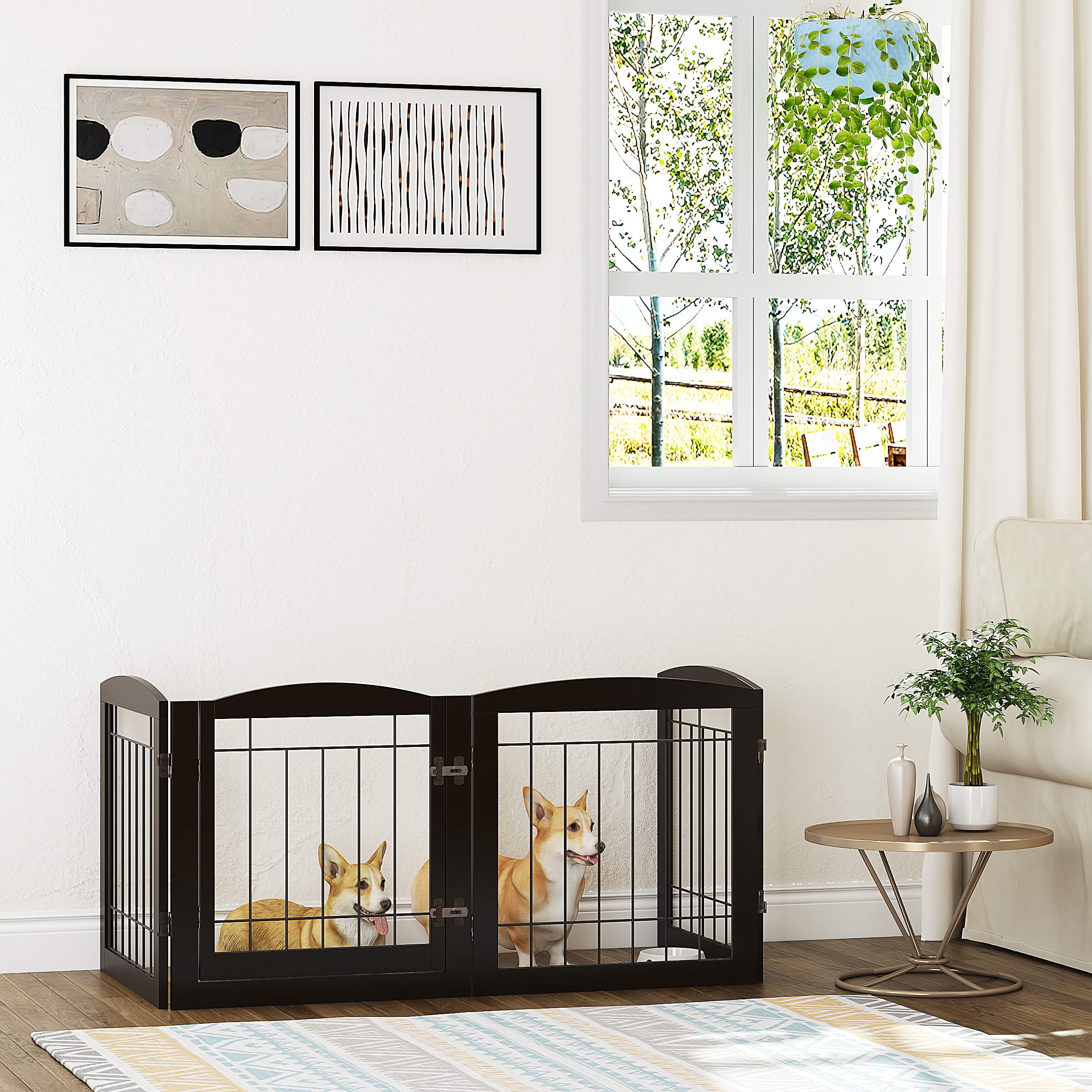 STAROUS Esspresso Freestanding Dog Gate with Walk-Through Door: Secure Indoor Barrier - 80" Wide, 24" Height, 4 Panels