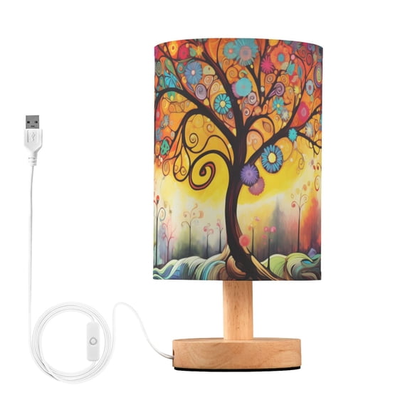 Colorful Tree Bedside Table Lamp LED Warm Lights with USB Charging Port Retro Cylinder Desk Lamps for Bedroom Living Room Office Coffee Bar Decoration