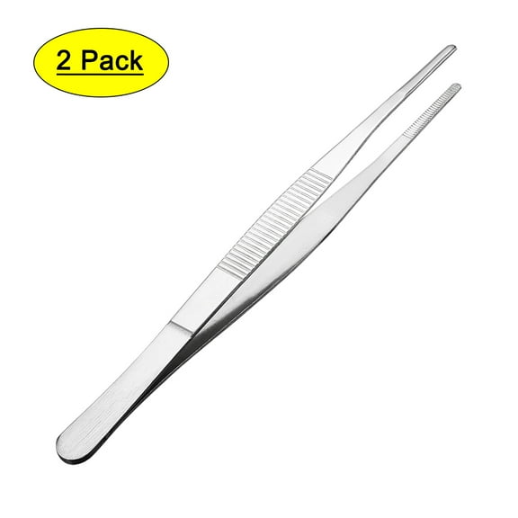 Unique Bargains 2 Pcs Stainless Steel Straight Blunt Tweezers Serrated Tip,7 Inch