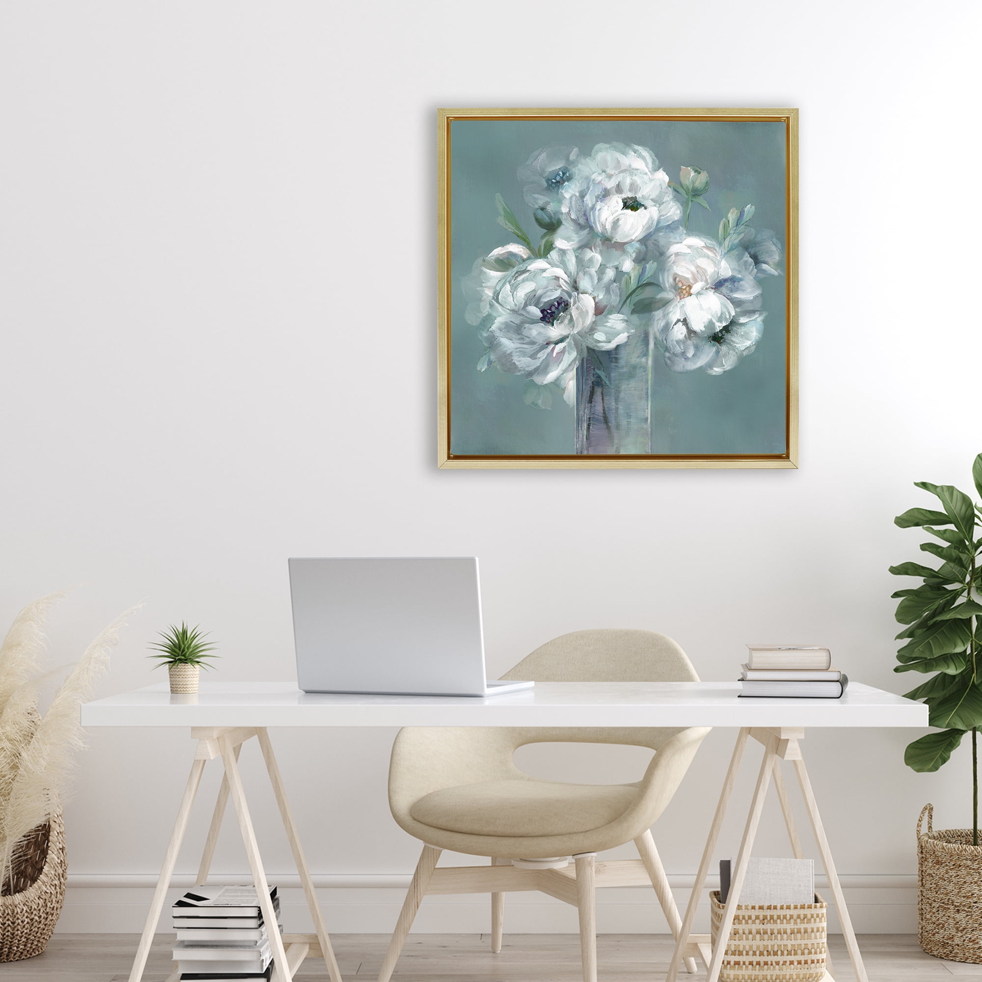 Stupell Industries White Peony Impression in Vase Gold Framed Floater Canvas Wall Art, design by Nan